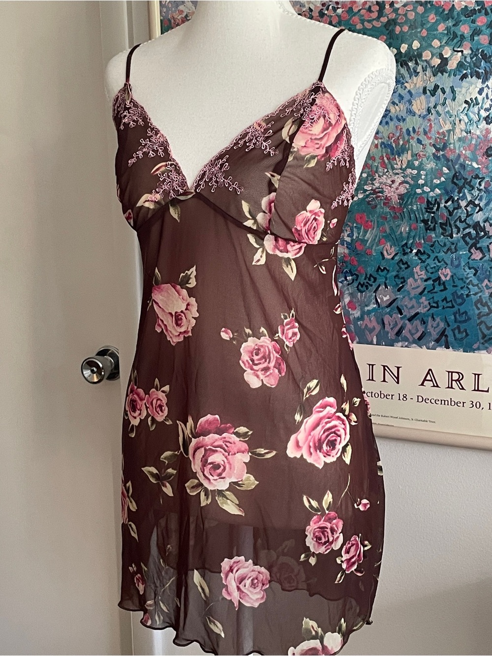 Y2K Floral Lace Coquette Fairy Slip Dress Medium Brown V-Neck Sheer Shabby Chic - Picture 4 of 9